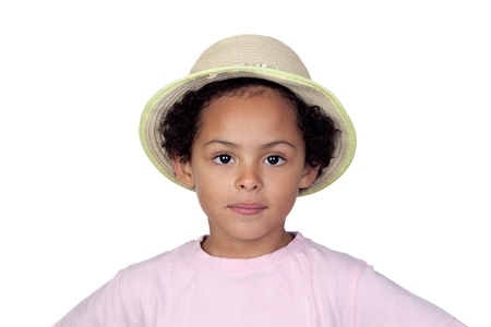 Happy african child with a straw hat isolated on white background