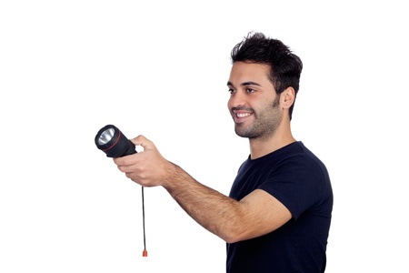 Attractive men in black with a flashlight looking for something on white background