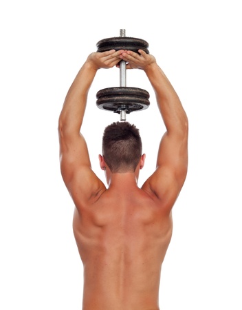 Strong man practicing back exercises with dumbbells isolated on white backgroundの写真素材