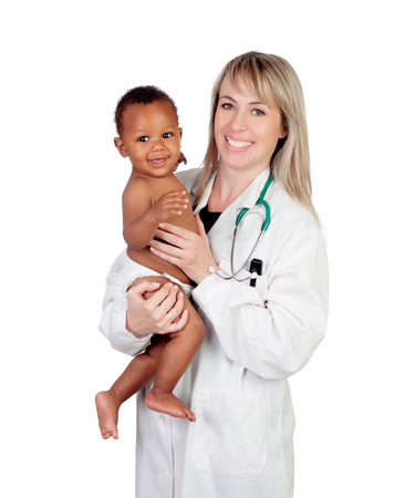 Adorable baby with his pediatrician isolated on a white backgroundの写真素材