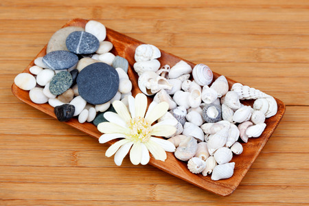 Tray decorated with river stones and shells on a wooden 