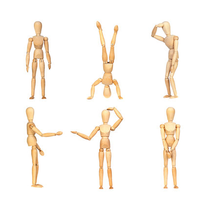Sequence gestures articulated wooden mannequin isolated on a white backgroundの写真素材