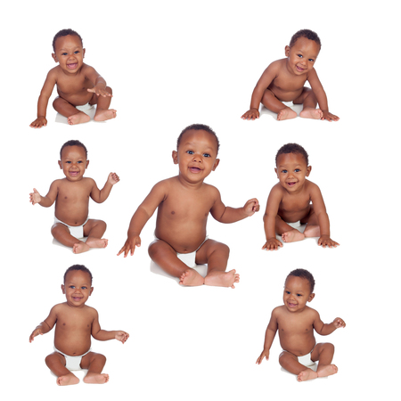 Sequence of different expressions of an African-American baby isolated on whiteの写真素材