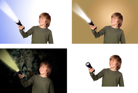 Collage of four photos of a child with a flashlightの写真素材