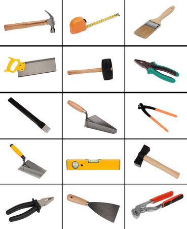 Collage of many different tools isolated on white background の写真素材