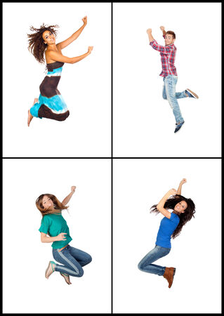 Four young people jumping isolated on white backgroundの写真素材