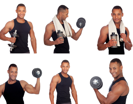 Sequence of latin man in the gym isolated on a white backgroundの写真素材