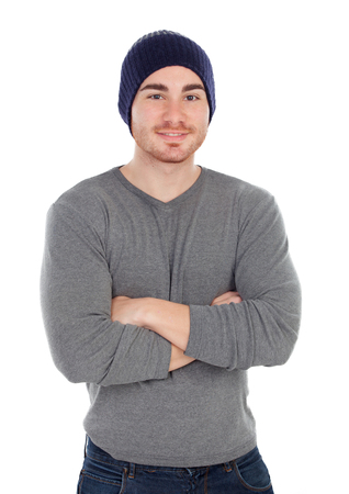 Muscled man with wool hat isolated on a white backgroundの写真素材