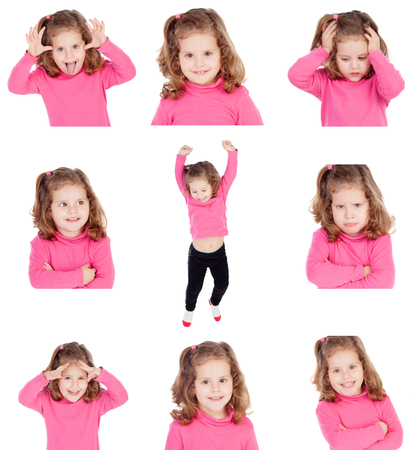 Sequence of images of a pretty girl with different gestures isolated on white backgroundの写真素材