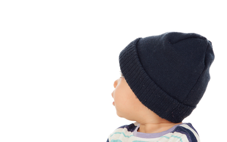 Adorable baby with wool cap isolated on a white backgroundの写真素材