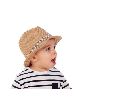 Adorable baby nine months with summer look isolated on a white backgroundの写真素材