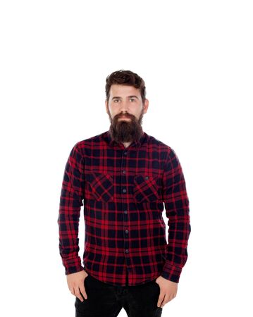 Handsome man with long beard wearing checkered shirt isolated on whiteの写真素材