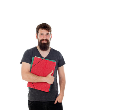 Student men with long beard isolated on a white background