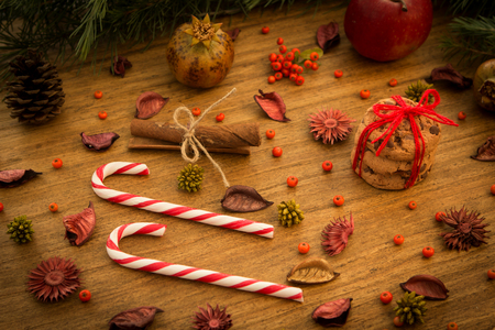 Christmas decoration with sweet. Candy canes and cookiesの写真素材