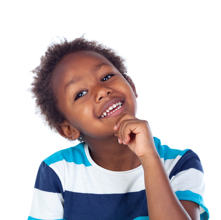 Adorable afroamerican child thinking isolated on a white backgroundの写真素材