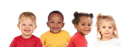 Many portraits of different children isolated on a white backgroundの写真素材