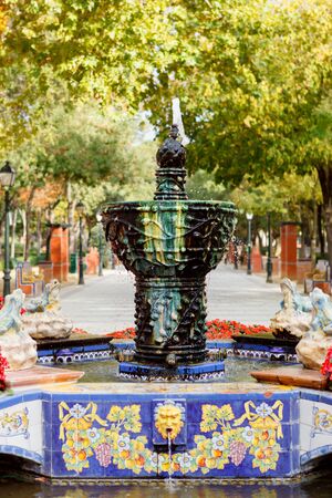 Beautiful park in Spain with a font decorated with typical ceramicのeditorial素材