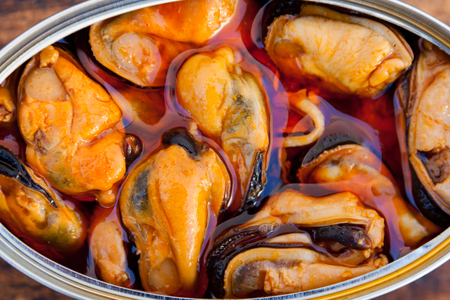 Canister of canned mussels. Healthy mealの写真素材