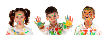 Happy children painting isolated on a white bacgroundの写真素材