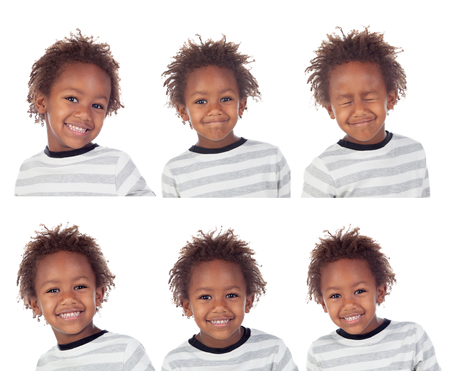 Many pictures of african child making silly faces isolated on white backgroundの写真素材