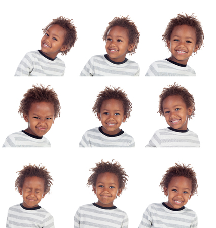 Many pictures of african child making silly faces isolated on white backgroundの写真素材