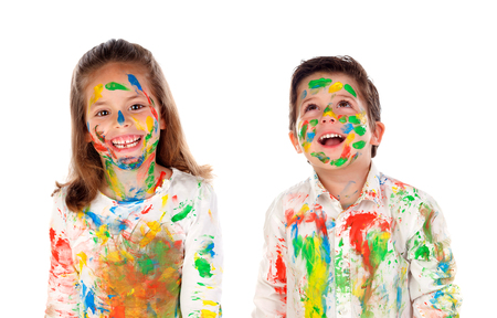 Happy children painting isolated on a white bacgroundの写真素材