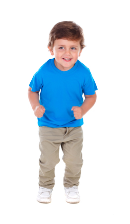 Beautiful little child three years old wearing blue t-shirt solated on white backgroundの写真素材