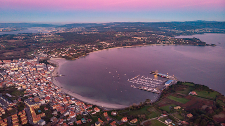 Aerial view of a town at the sunset with beautiful colorsの写真素材