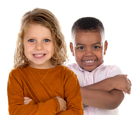 Happy children looking at camera isolated on a white backroundの写真素材