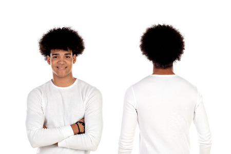 Front and back of a young afro guy isolated on a white backgroundの写真素材