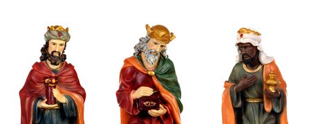 The three wise men. Ceramic figures isolated on white backgroundの写真素材