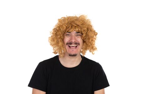 Man with a mustache wearing a woman's wigの写真素材