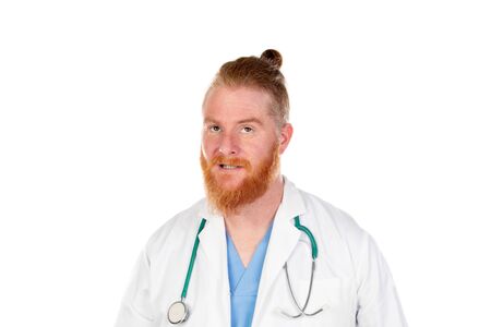 Funny redhead doctor isolated on a white backgroundの写真素材