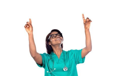 Doctor with green uniform isolated on a white backgroundの写真素材