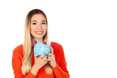 Pretty blonde woman with red jersey isolated on a white backgroundの写真素材
