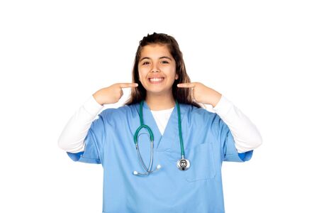 Funny girl with blue dentist isolated on a white backgroundの写真素材