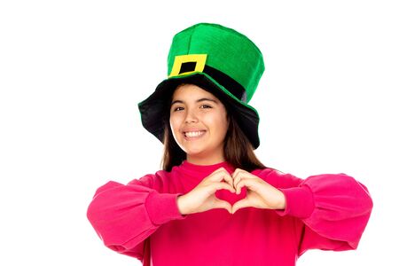 Adorable girl with a big green hat isolated on a white backgroundの写真素材