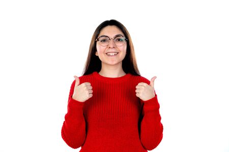 Brunette girl with glasses isolated on a white backgroundの写真素材