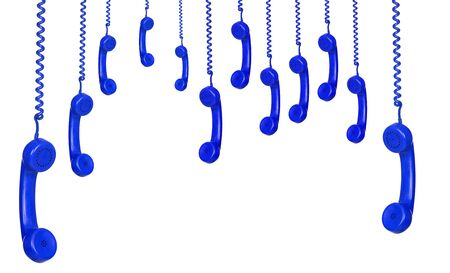 Blue vintage phones hanging of a cable isolated on a white backgroundの写真素材