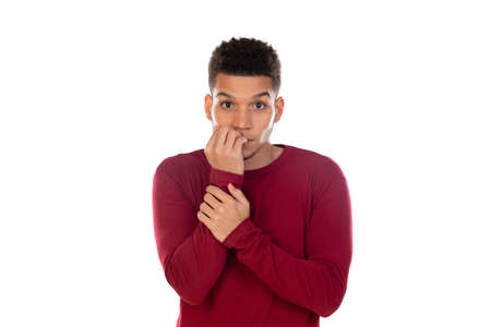 Latin guy with short afro hair isolated on white background