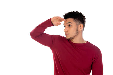 Latin guy with short afro hair isolated on white background