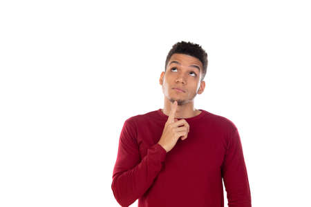 Latin guy with short afro hair isolated on white background
