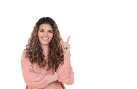 Beautiful middle aged woman with pink woolen sweater isolated on a white background