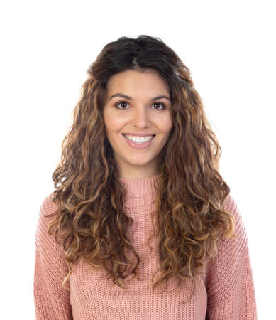 Beautiful middle aged woman with pink woolen sweater isolated on a white background
