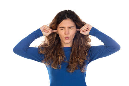 Beautiful woman with wavy hair isolated on a white backgroundの写真素材