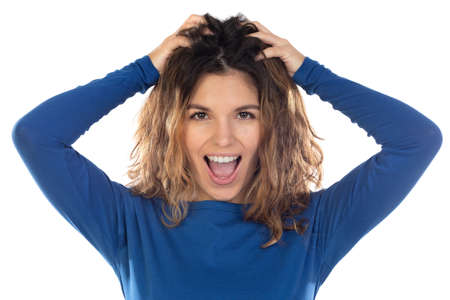 Beautiful woman with wavy hair isolated on a white backgroundの写真素材