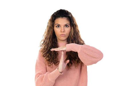 Beautiful middle aged woman with pink woolen sweater isolated on a white background