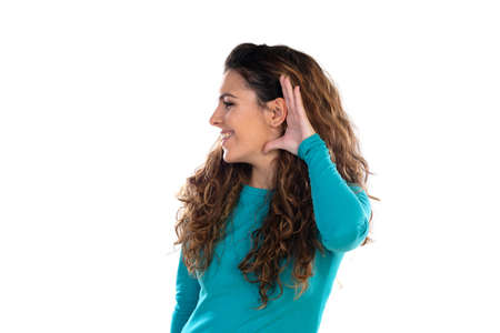 Casual woman with wavy and long hair isolated on a white background