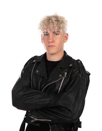 Cool guy with curly blond hair wearing a black leather jacket isolated on a white background