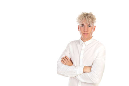 Cool guy with curly blond hair wearing a shirt isolated on a white backgroundの写真素材